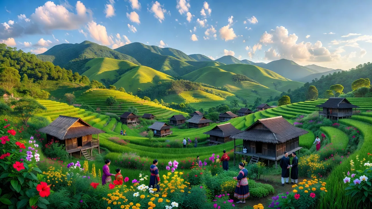 Khung cảnh Xã Tá Bạ, huyện Mường Tè, Lai Châu với nhà sàn và đồi núi xanh.