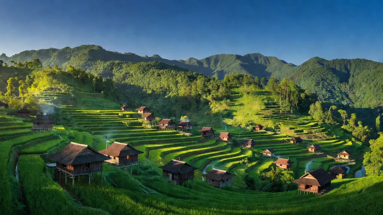 Khung cảnh Tà Tổng, Mường Tè, Lai Châu với núi non xanh, ruộng bậc thang và nhà gỗ truyền thống.