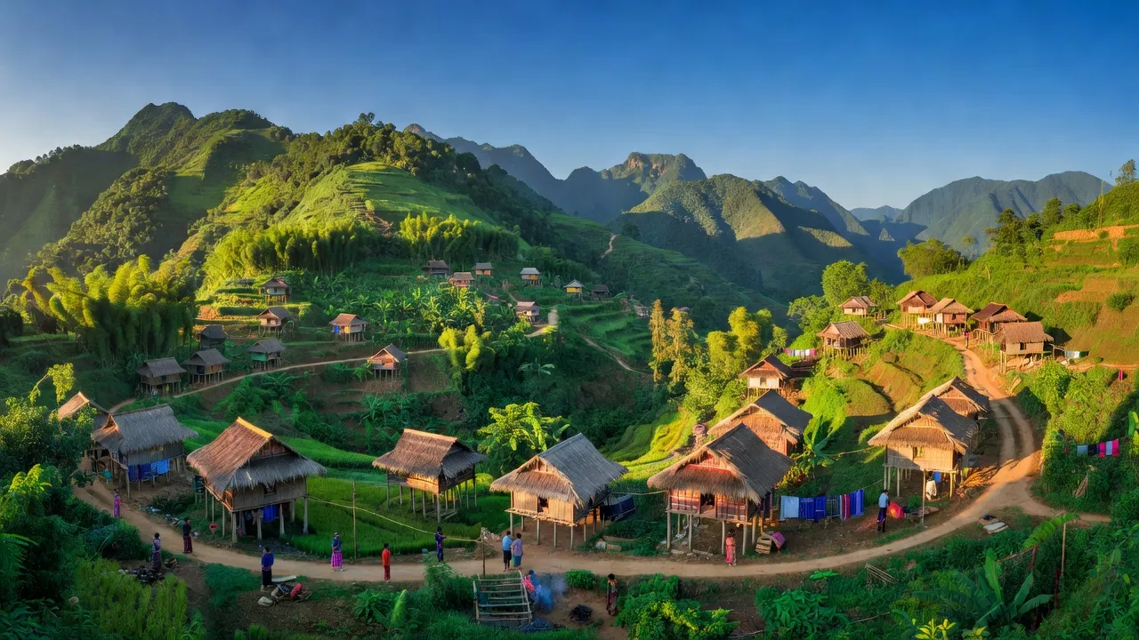 Khung cảnh xã Thu Lũm, Mường Tè, Lai Châu với trời xanh và nhà sàn truyền thống.