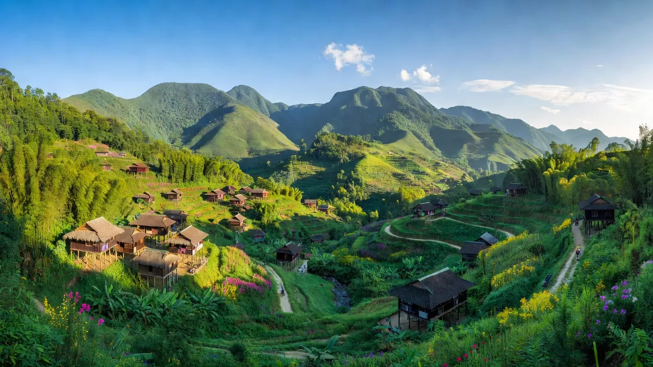 Khung cảnh yên bình xã Thu Lũm, huyện Mường Tè, tỉnh Lai Châu với núi xanh và nhà sàn.