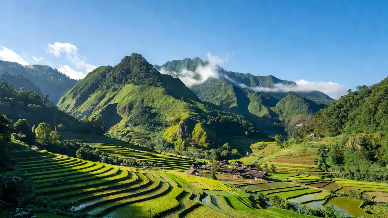 Khung cảnh xã Vàng San, huyện Mường Tè, tỉnh Lai Châu với đồi núi và cánh đồng xanh tươi.
