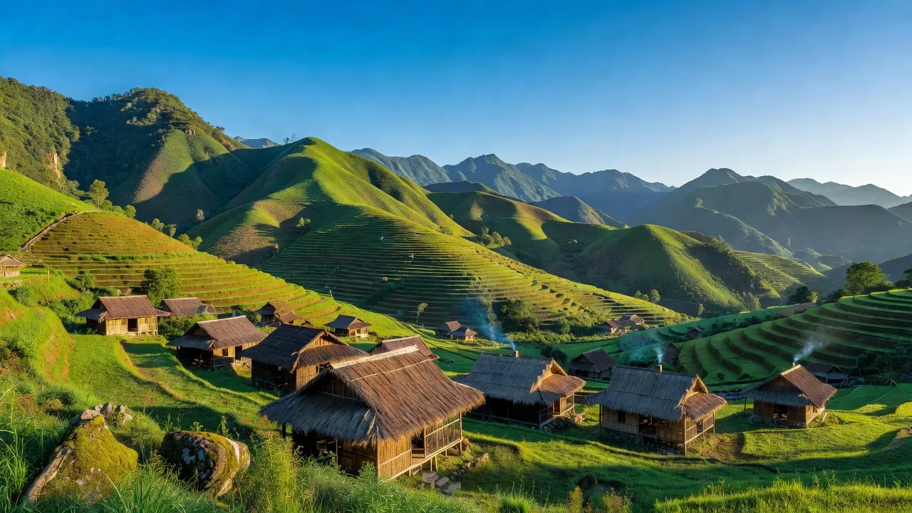 Khung cảnh Xã Vàng San, Huyện Mường Tè, tỉnh Lai Châu với núi non và nhà truyền thống.