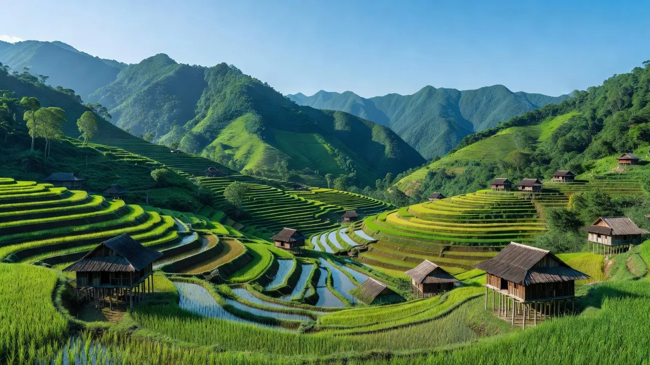 Cảnh thiên nhiên huyện Nậm Nhùn tỉnh Lai Châu với núi xanh, nhà sàn và ruộng bậc thang.