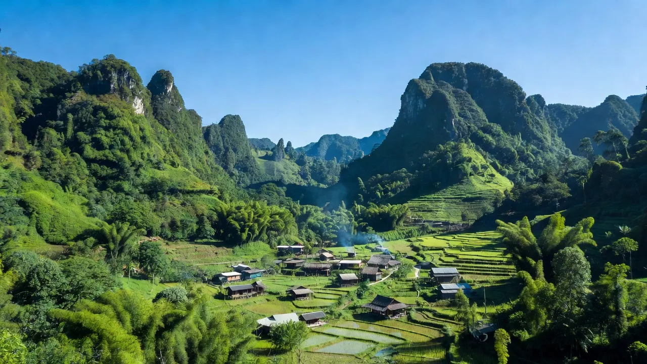 Khung cảnh huyện Nậm Nhùn, Lai Châu với núi non hùng vĩ và làng quê yên bình.
