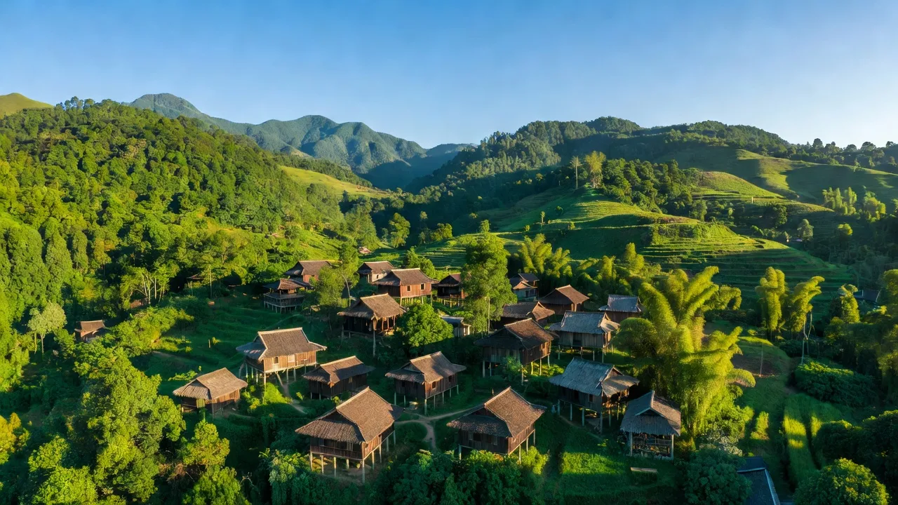 Khung cảnh Xã Hua Bun, huyện Nậm Nhùn, tỉnh Lai Châu với rừng xanh và nhà sàn truyền thống.
