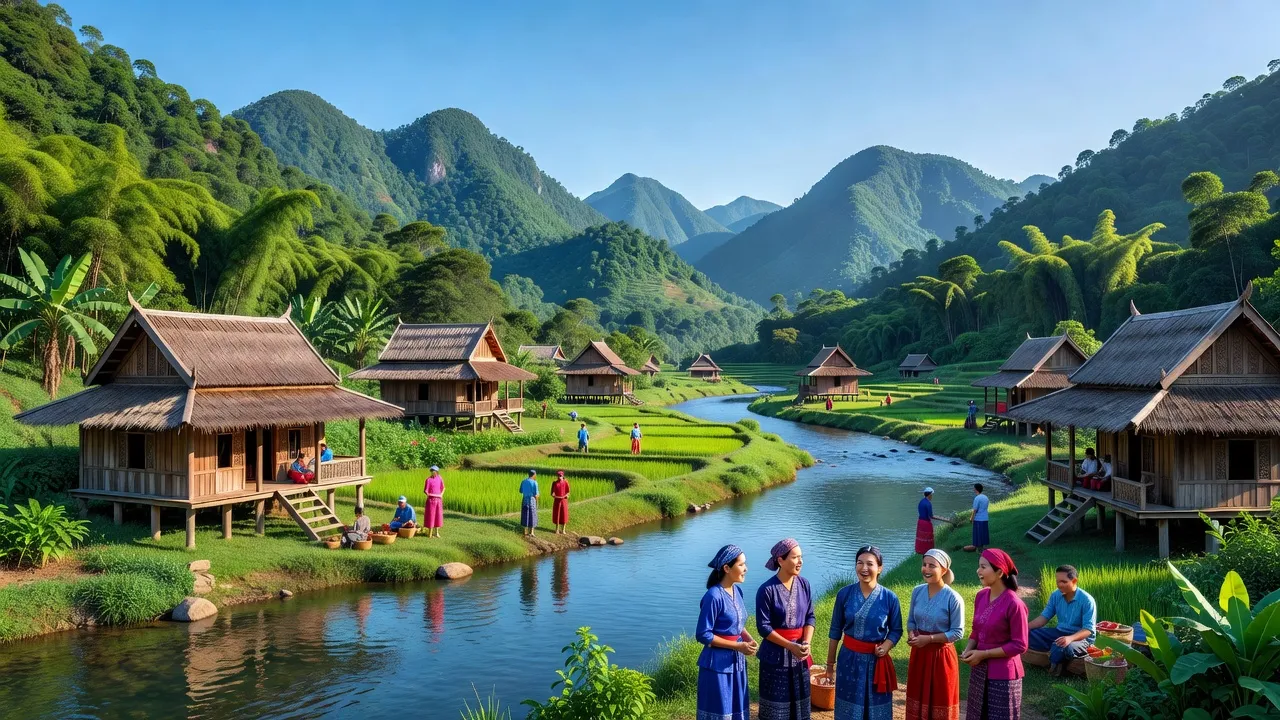 Khung cảnh thiên nhiên xanh tươi tại xã Lê Lợi, huyện Nậm Nhùn, tỉnh Lai Châu với nhà dân tộc Thái.