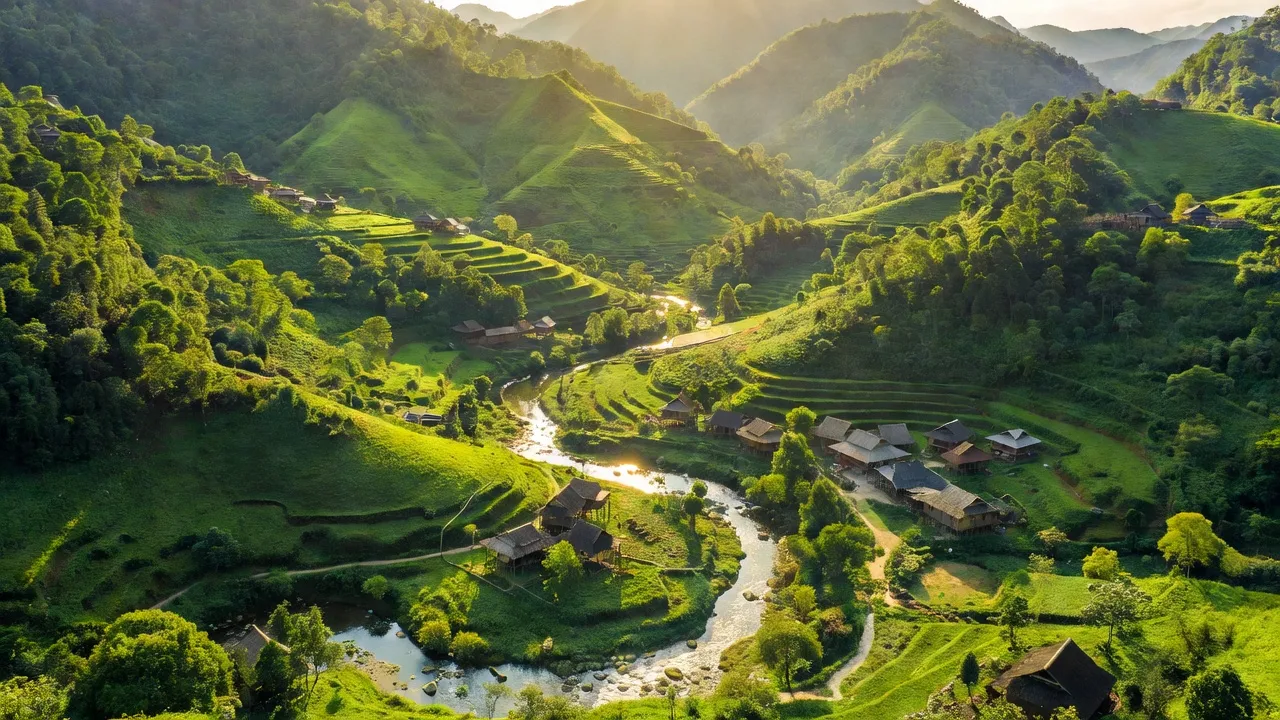 Cảnh quan xã Mường Mô, huyện Nậm Nhùn, tỉnh Lai Châu với núi rừng và dòng suối trong xanh.