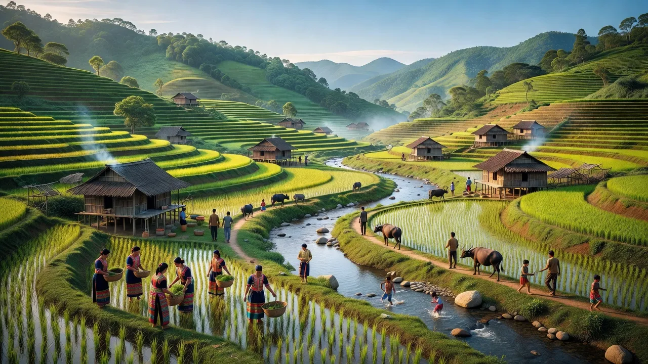 Khung cảnh xã Mường Mô, huyện Nậm Nhùn, tỉnh Lai Châu với đồi núi và dòng suối, thể hiện cảnh quan thiên nhiên tuyệt đẹp.