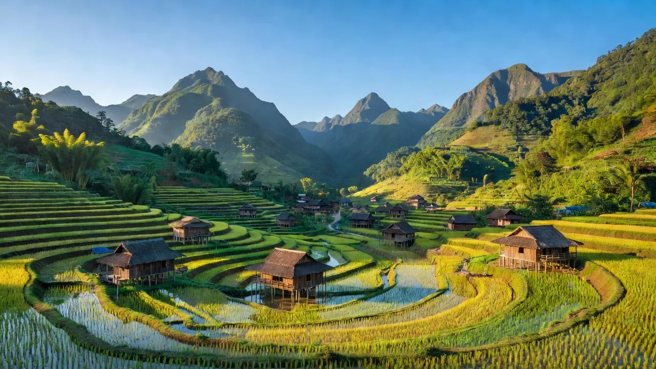 Khung cảnh làng Nậm Ban, huyện Nậm Nhùn, Lai Châu với núi non hùng vĩ và ruộng bậc thang.