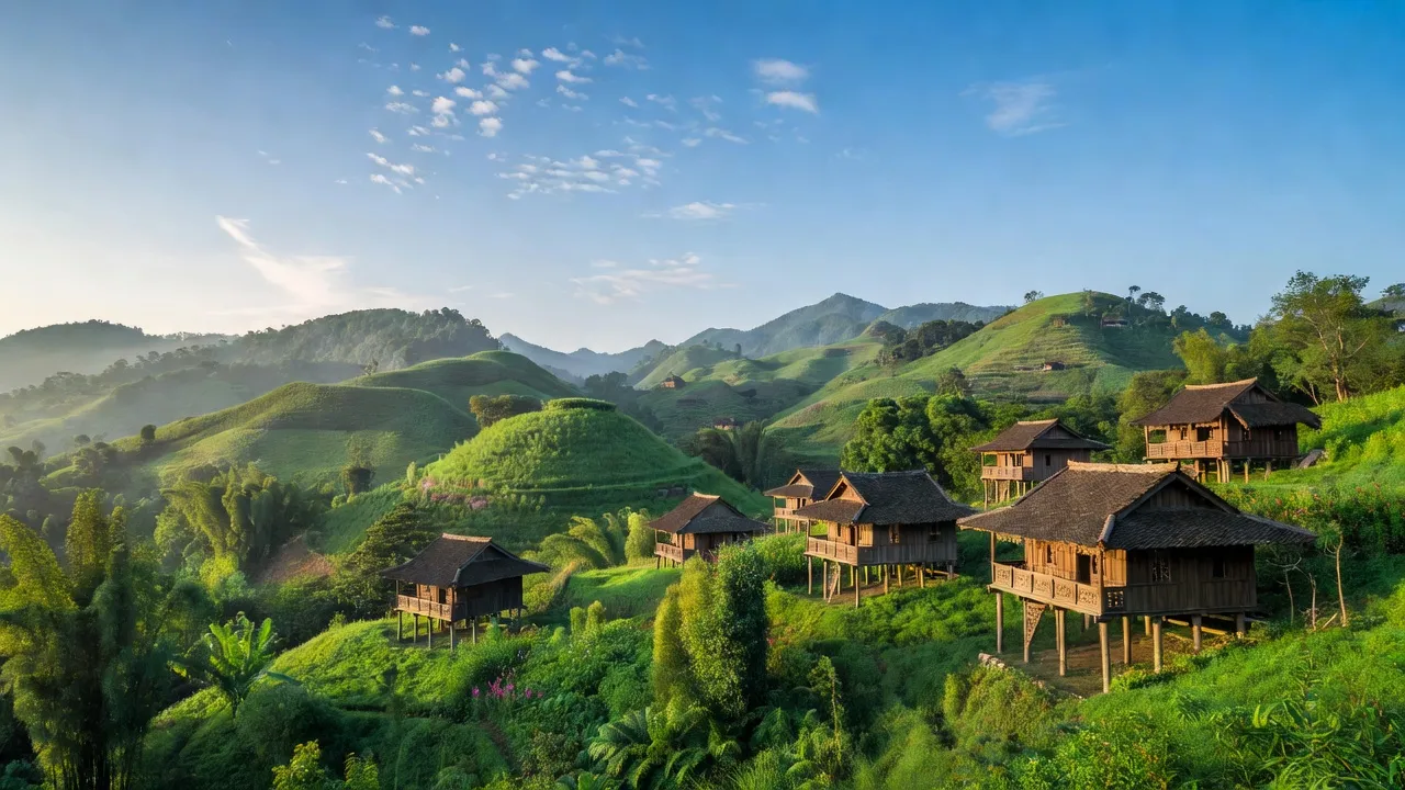 Quang cảnh Xã Nậm Ban với đồi núi xanh tươi và những ngôi nhà gỗ truyền thống ở Lai Châu.