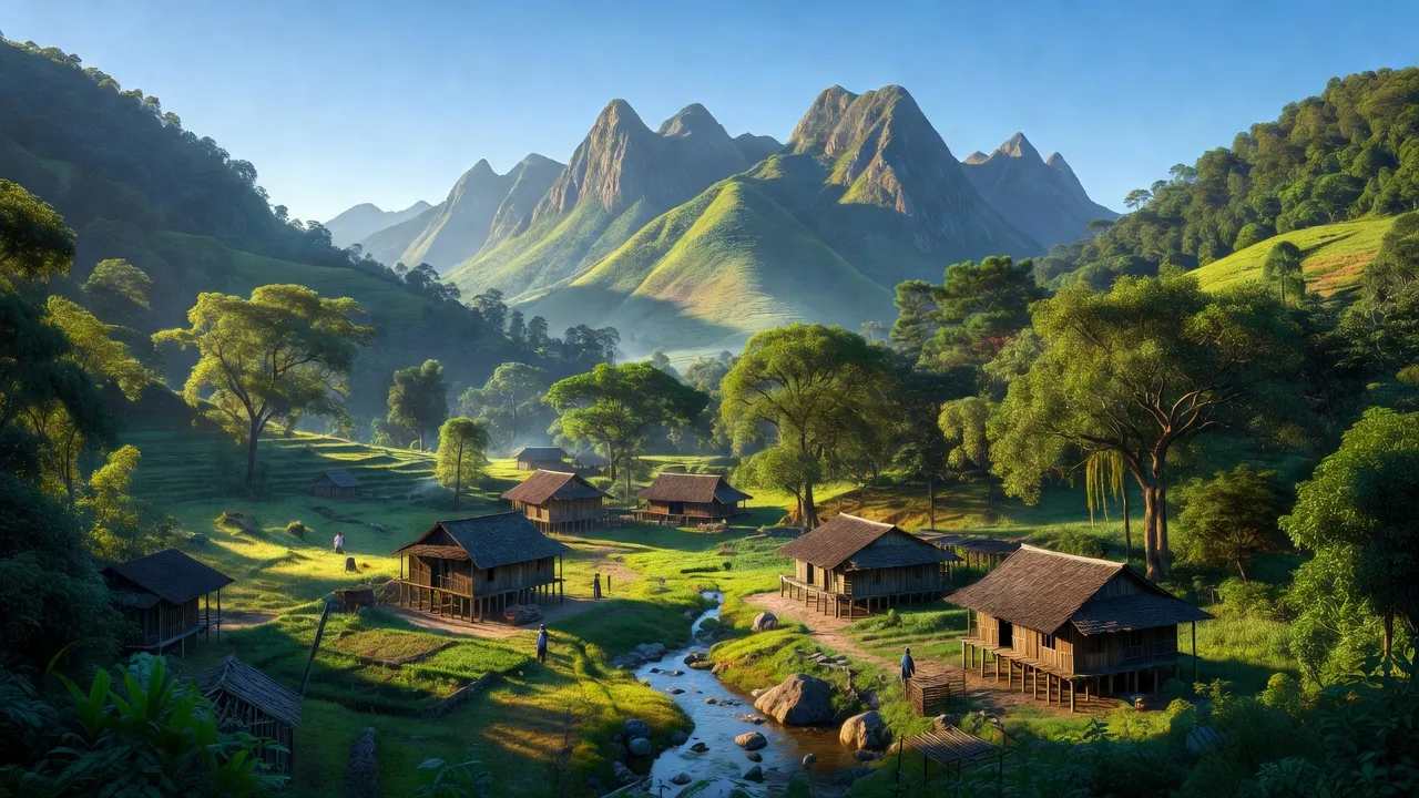 Khung cảnh bình yên xã Nậm Chà, huyện Nậm Nhùn, Lai Châu giữa núi rừng, bầu trời xanh.