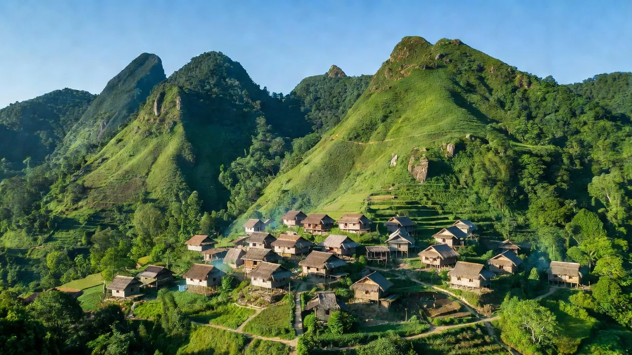 Khung cảnh xã Nậm Chà, huyện Nậm Nhùn, tỉnh Lai Châu với núi xanh và nhà truyền thống.