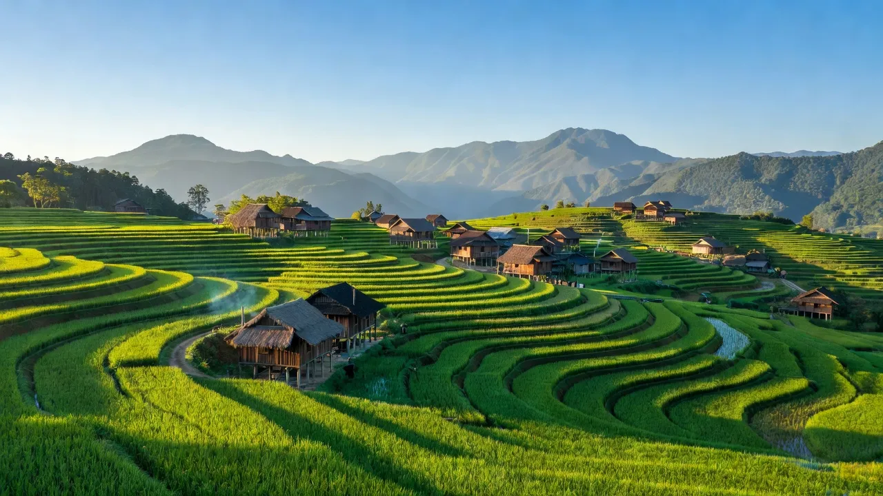 Cảnh đẹp xã Nậm Hàng huyện Nậm Nhùn với ruộng bậc thang và nhà truyền thống.