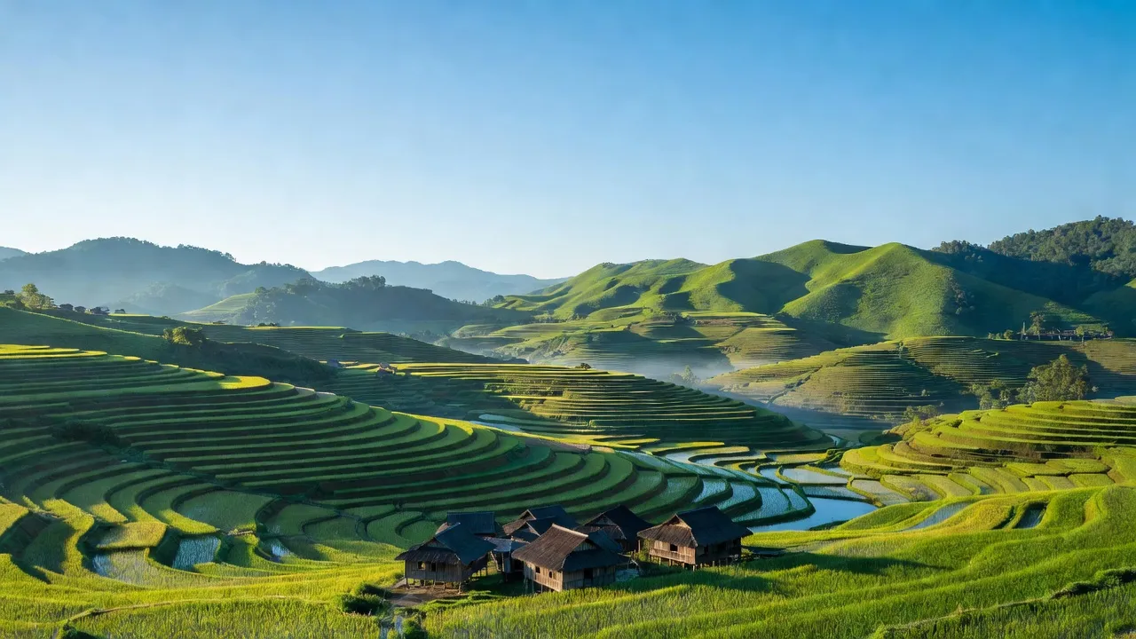 Phong cảnh Nậm Hàng, Nậm Nhùn, Lai Châu với đồi xanh, ruộng bậc thang và bầu trời trong xanh.