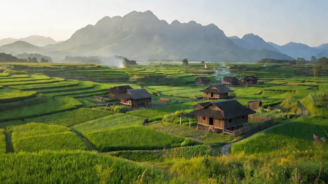 Khung cảnh tuyệt đẹp của Xã Nậm Manh, Huyện Nậm Nhùn, tỉnh Lai Châu với núi non và nhà tranh.