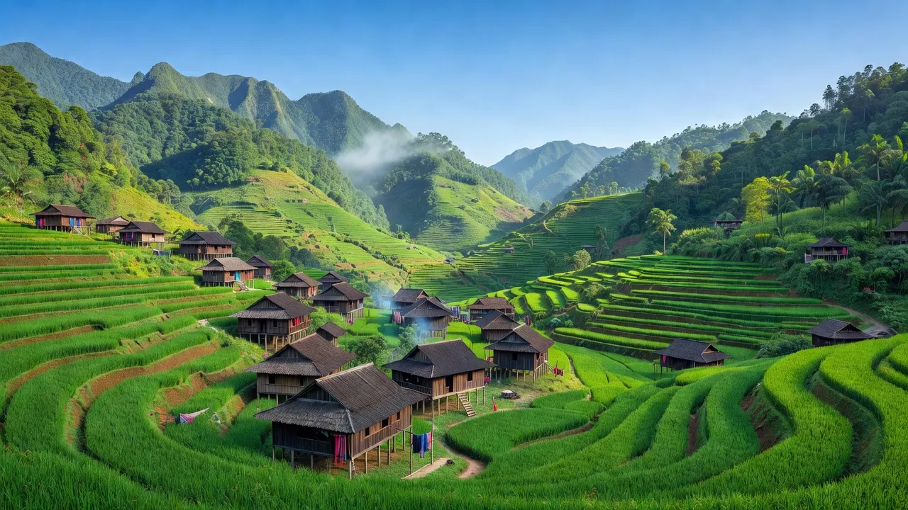 Quang cảnh xã Nậm Pì, huyện Nậm Nhùn, tỉnh Lai Châu với núi xanh, ruộng bậc thang và trời xanh.