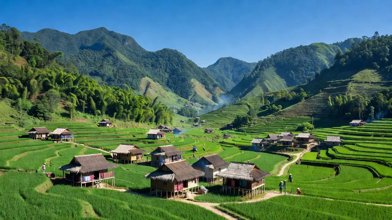 Khung cảnh xã Pú Đao, huyện Nậm Nhùn, tỉnh Lai Châu với núi đồi xanh tươi và bầu trời trong sáng.