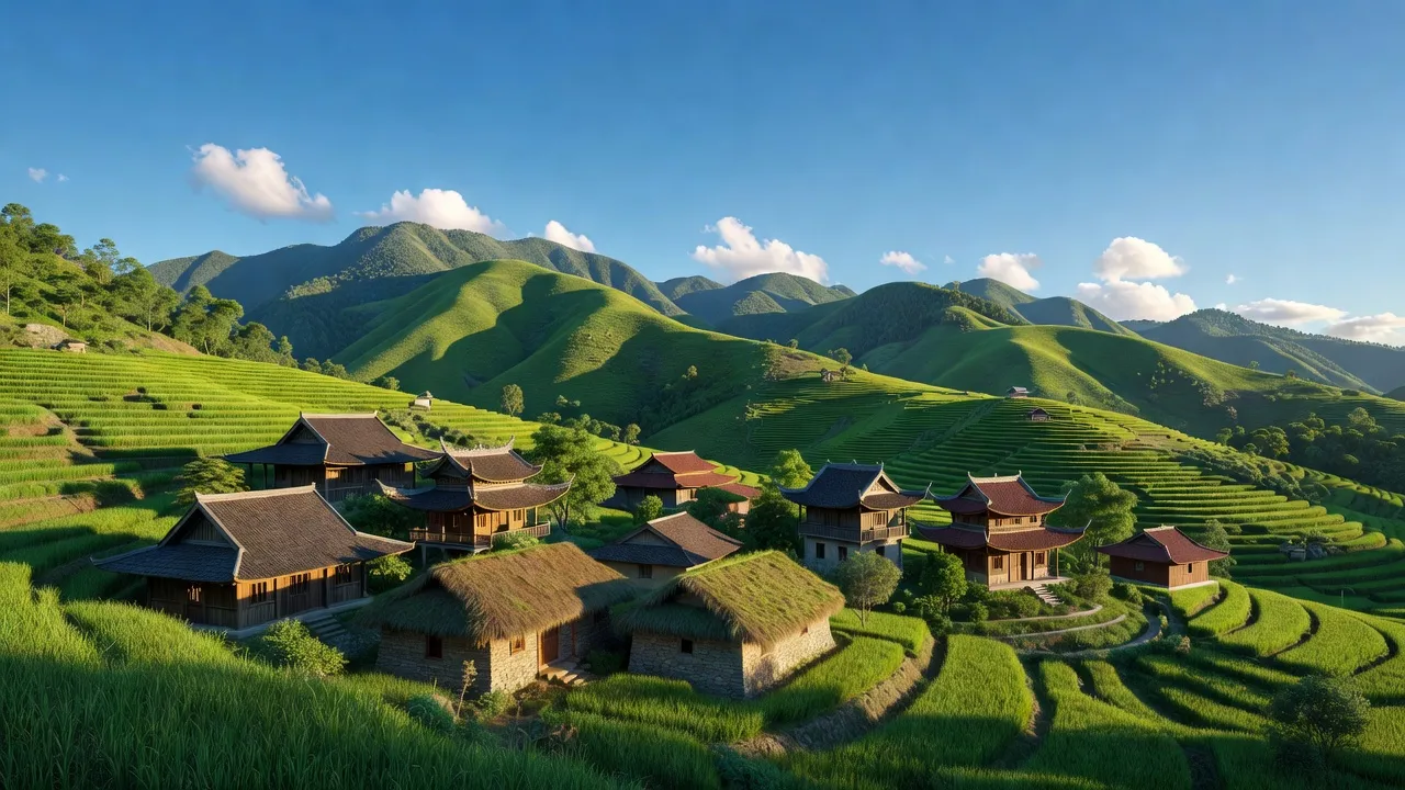 Khung cảnh xã Dào San, huyện Phong Thổ, Lai Châu với núi non và nhà ở dân tộc.