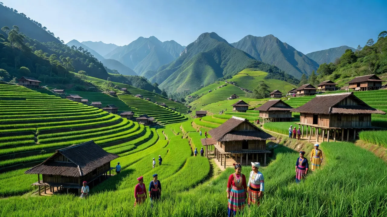 Khung cảnh xã Dào San, Huyện Phong Thổ, Tỉnh Lai Châu với cánh đồng xanh và nhà sàn truyền thống.