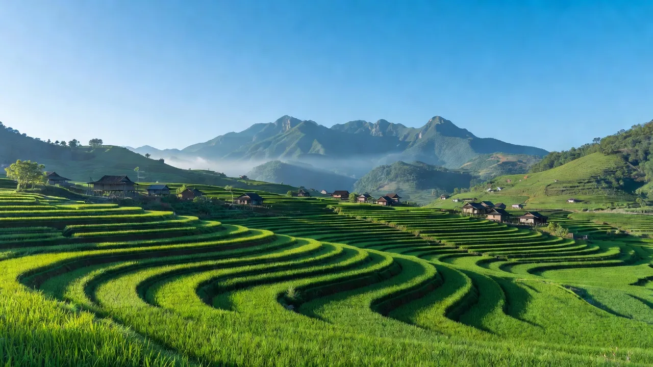 Khung cảnh làng Hoang Thèn, huyện Phong Thổ, tỉnh Lai Châu với ruộng bậc thang xanh mát.