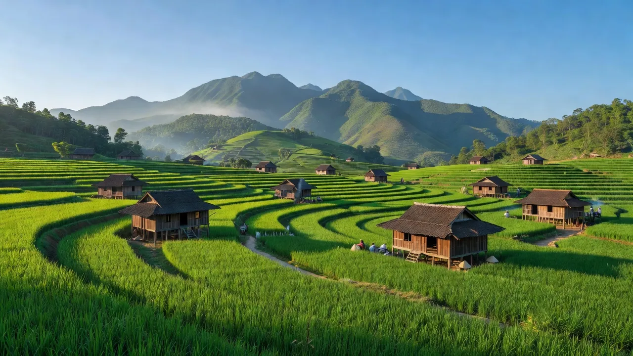 Cảnh đẹp xã Huổi Luông, huyện Phong Thổ, tỉnh Lai Châu với cánh đồng xanh và núi non hùng vĩ.