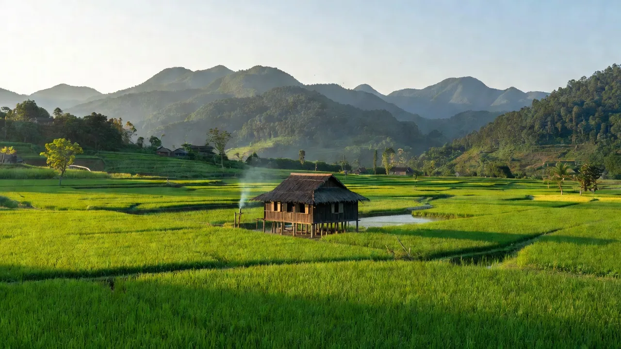 Khung cảnh bình yên xã Huổi Luông, huyện Phong Thổ, tỉnh Lai Châu với cánh đồng và núi non.