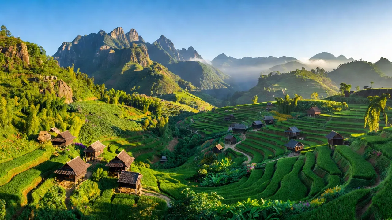 Khổng Lào, Phong Thổ, Lai Châu with vibrant mountains, greenery, and traditional houses reflecting local culture.