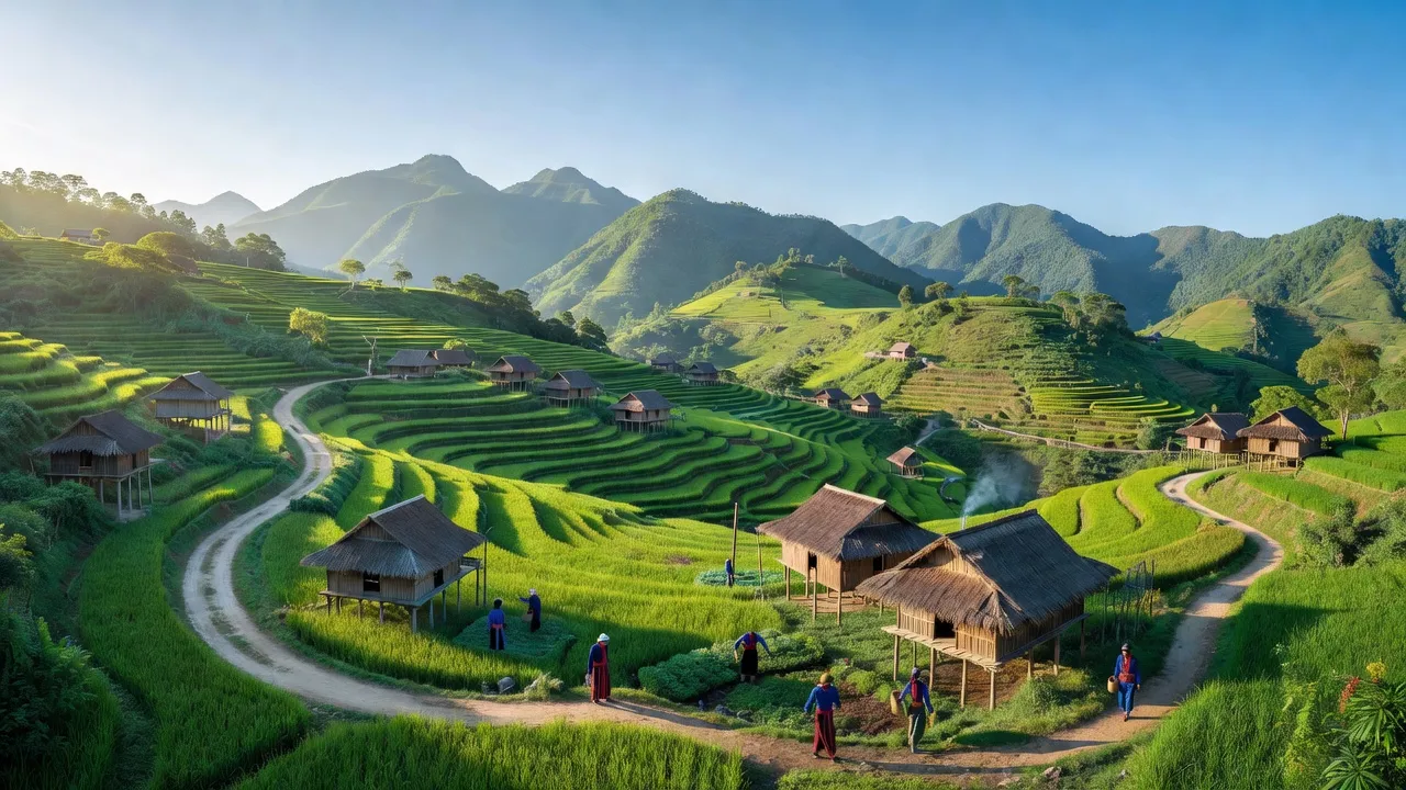 Khổng Lào village in Phong Thổ, Lai Châu, featuring mountains, traditional houses, and vibrant greenery.