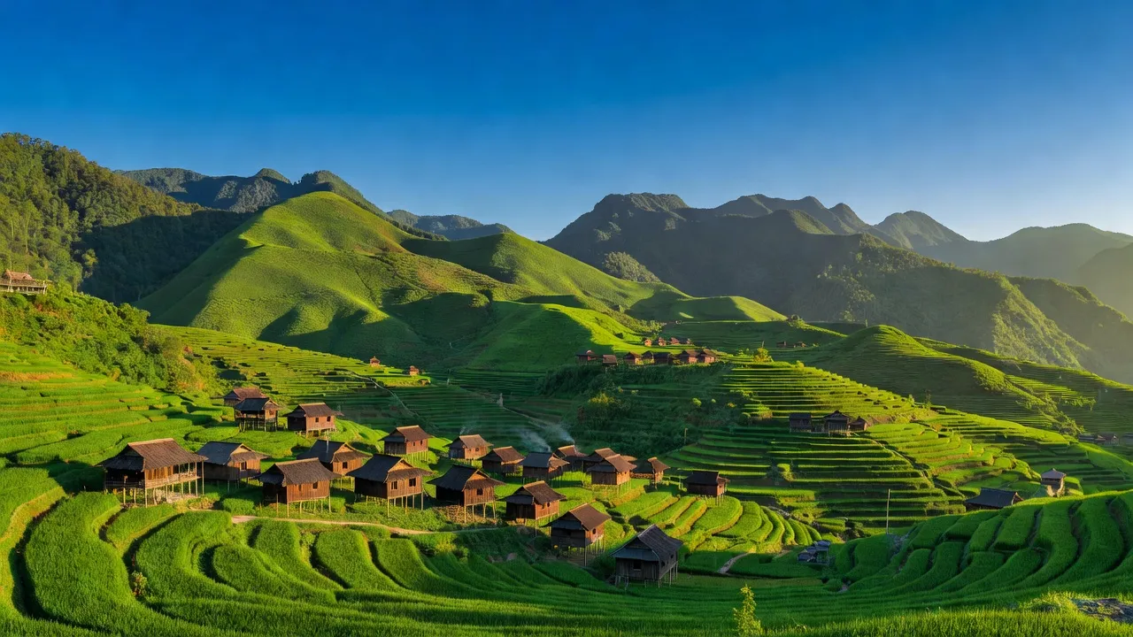 Cảnh sắc Lả Nhì Thàng, huyện Phong Thổ, tỉnh Lai Châu với núi xanh và nhà gỗ truyền thống.