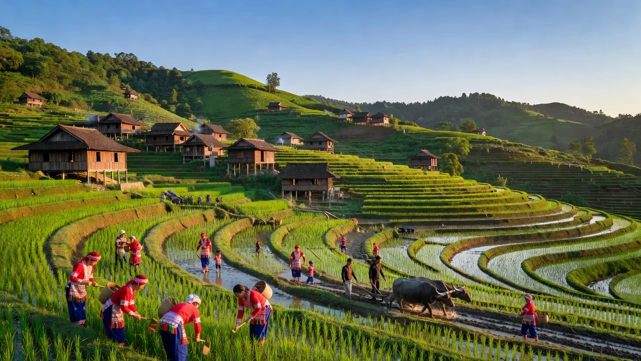 Cảnh thiên nhiên xã Mồ Sì San, huyện Phong Thổ, tỉnh Lai Châu với đồi núi và ruộng bậc thang.