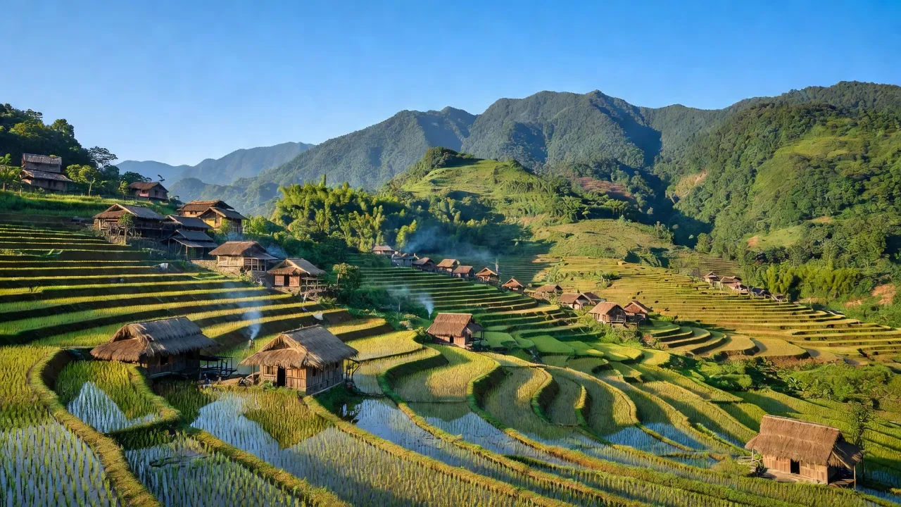 Khung cảnh xã Mồ Sì San, huyện Phong Thổ, Lai Châu với núi non và ruộng bậc thang.