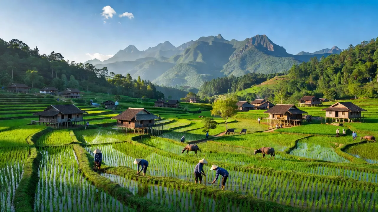 Cảnh đẹp xã Mù Sang tại Lai Châu với đồng ruộng, bản làng và núi non xanh mát.