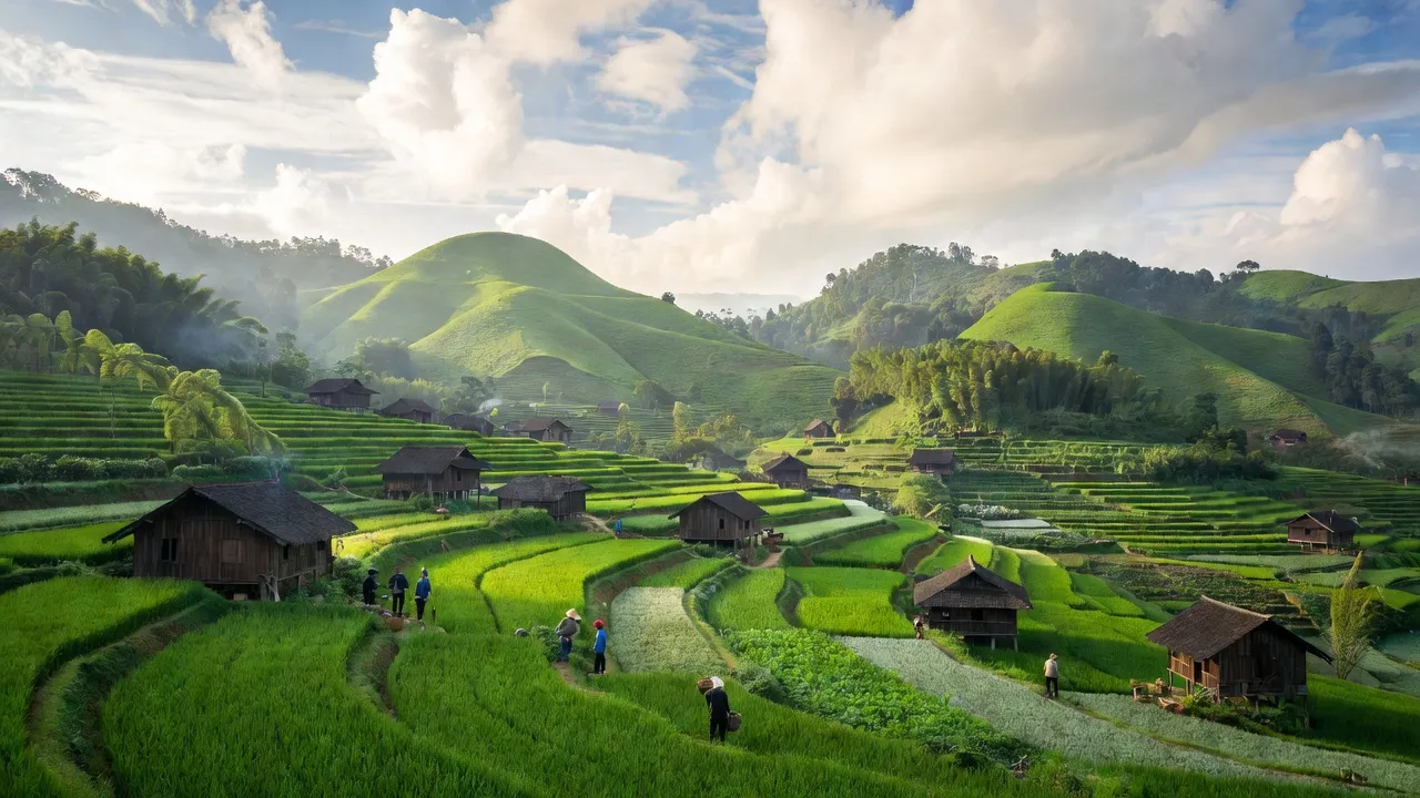 Khung cảnh xã Mù Sang, huyện Phong Thổ, tỉnh Lai Châu với những ngọn đồi xanh và nhà gỗ truyền thống.