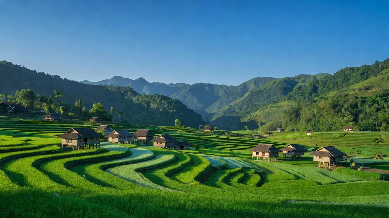 Khung cảnh tuyệt đẹp xã Mường So, huyện Phong Thổ, Lai Châu với núi non và nhà sàn truyền thống.