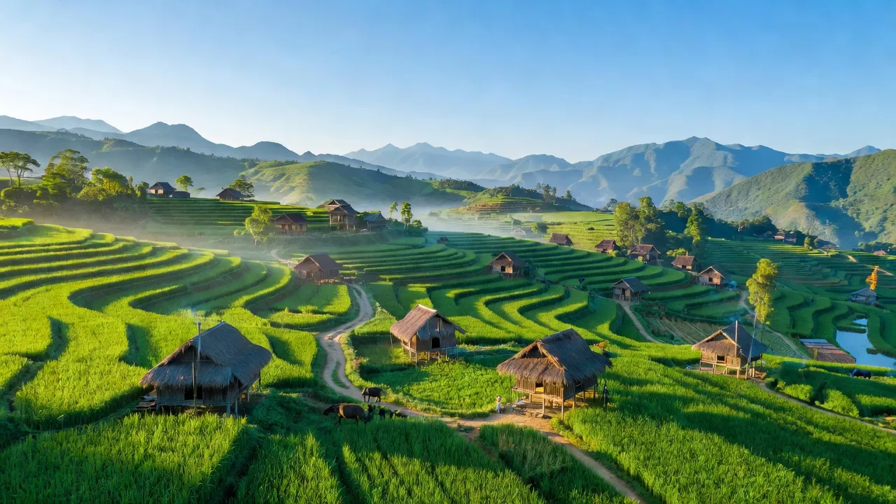 Khung cảnh bình yên xã Nậm Xe, huyện Phong Thổ, tỉnh Lai Châu với đồi núi xanh tươi.