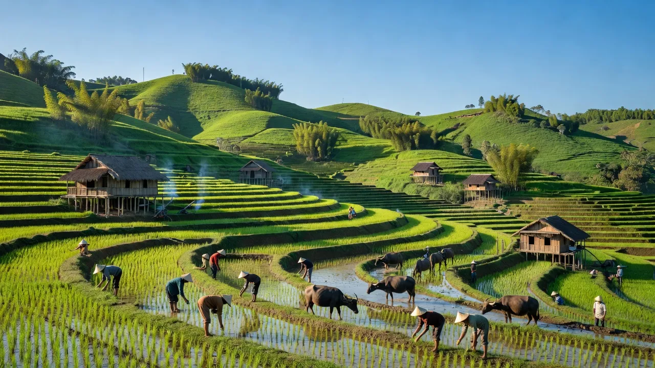 Phong Thổ, Lai Châu, Nậm Xe village with lush hills and traditional houses under clear blue sky.