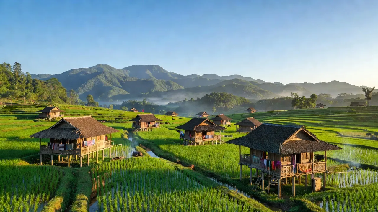 Cảnh quan xã Pa Vây Sử, huyện Phong Thổ, tỉnh Lai Châu với nhà truyền thống và thiên nhiên xanh tươi.