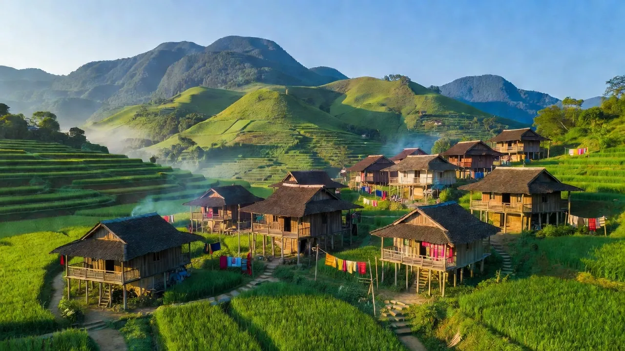 Cảnh đẹp xã Sì Lở Lầu, huyện Phong Thổ, Lai Châu với núi xanh và nhà truyền thống.