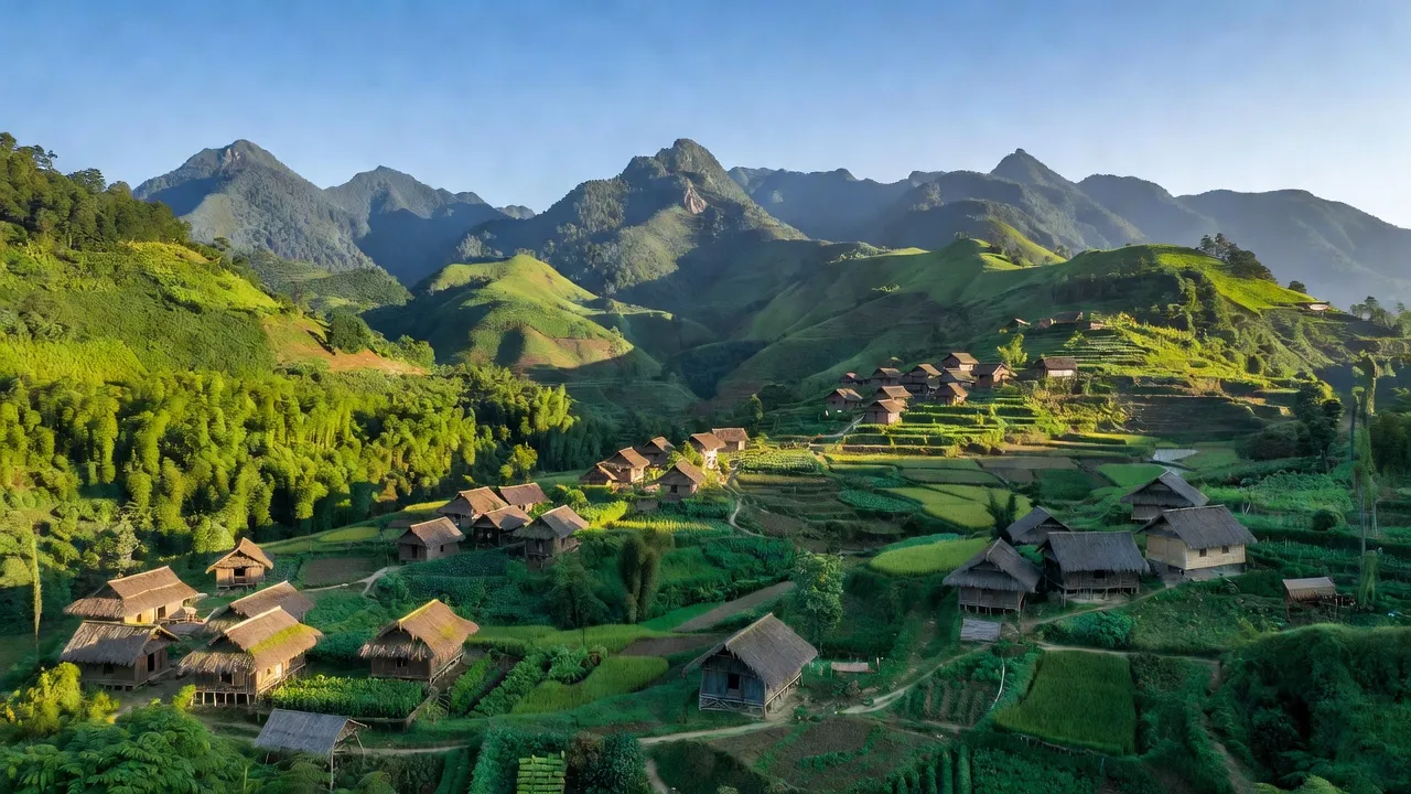 Khung cảnh yên bình của xã Tông Qua Lìn, huyện Phong Thổ, tỉnh Lai Châu với làng bản người Mông.