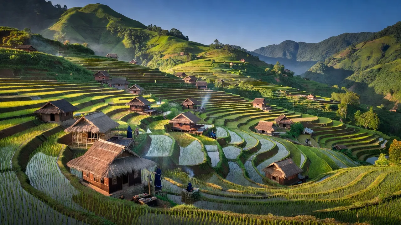 Vàng Ma Chải, huyện Phong Thổ, Lai Châu với cảnh núi non, ruộng bậc thang và nhà truyền thống.