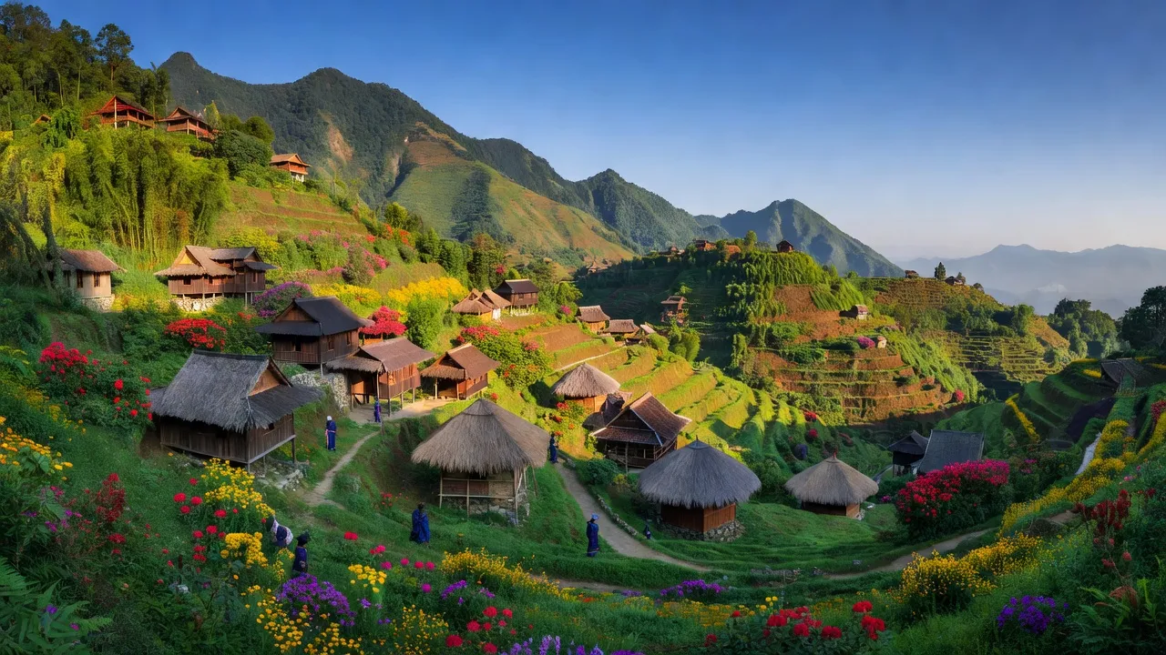 Vàng Ma Chải village, Phong Thổ district, Lai Châu with mountains and traditional Dao Hà Nhì houses.