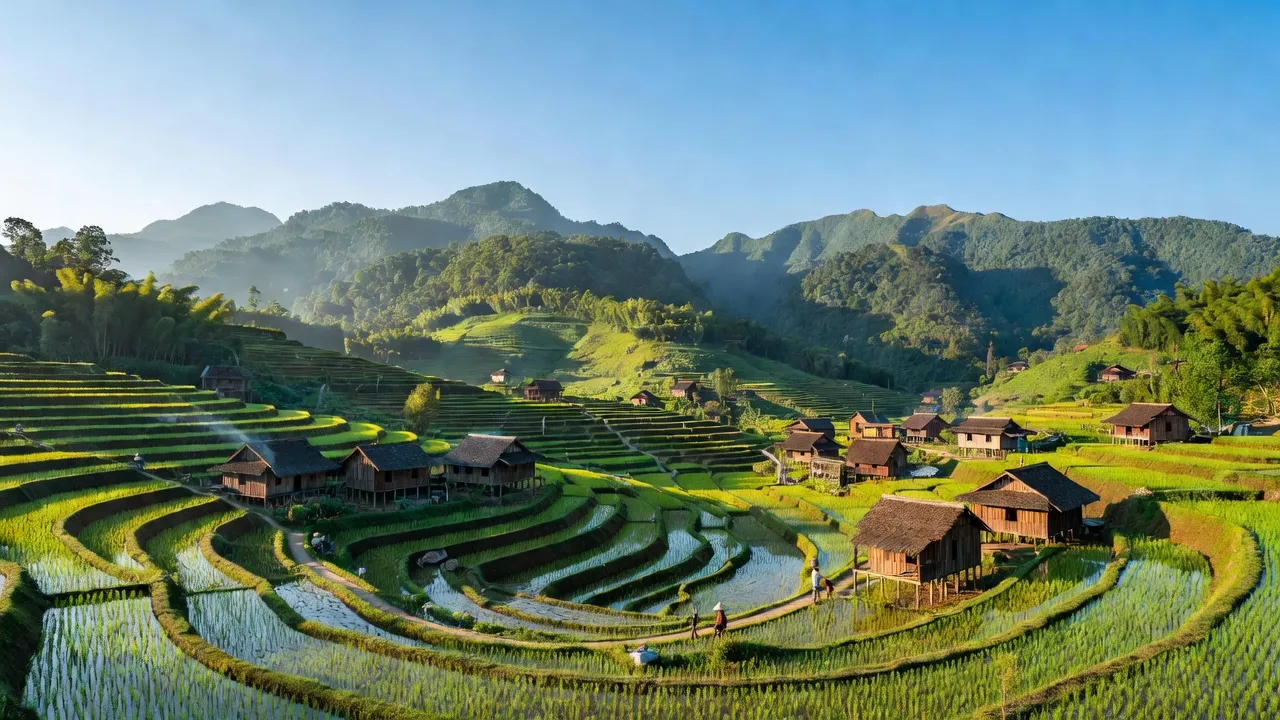 Khung cảnh Sìn Hồ, tỉnh Lai Châu, với núi non xanh tươi và ruộng bậc thang đẹp mắt.