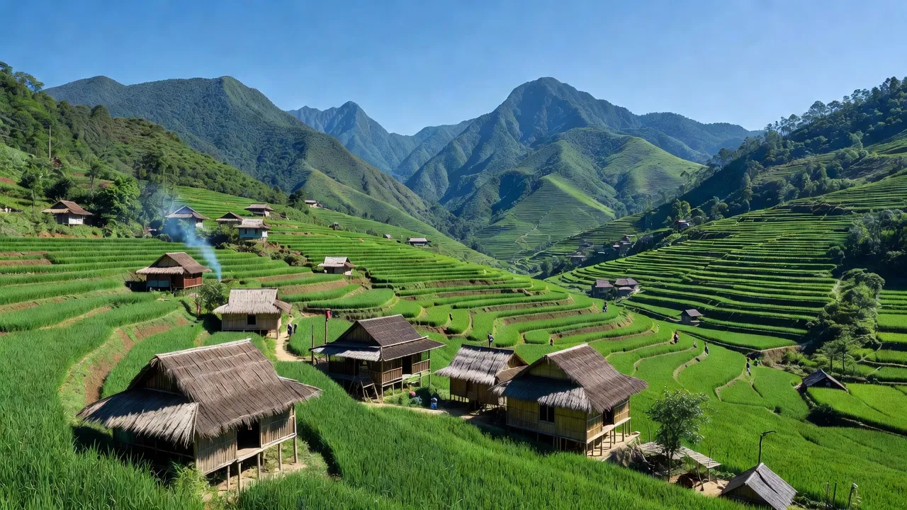 Cảnh quan xã Căn Co, huyện Sìn Hồ, tỉnh Lai Châu với núi non và ruộng bậc thang đẹp.