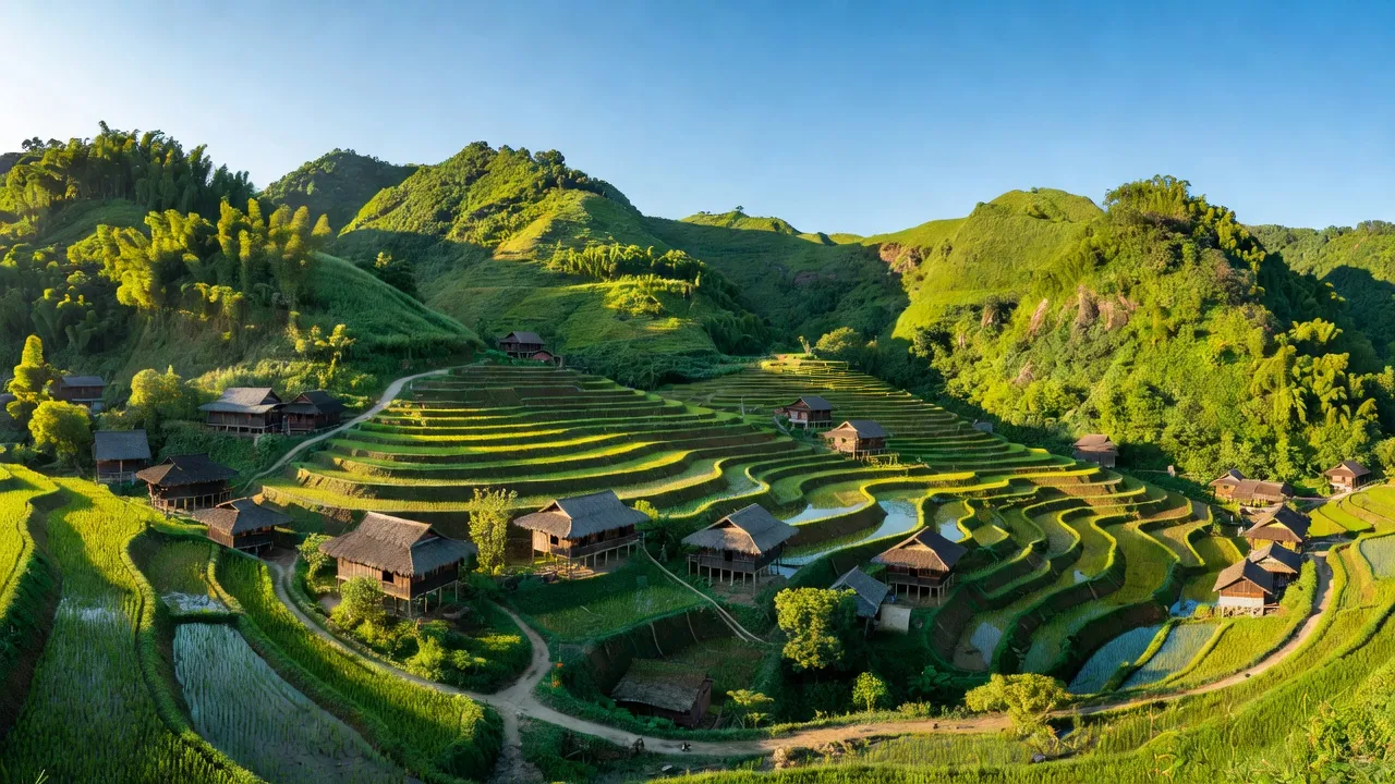 Cảnh đẹp Xã Chăn Nưa, huyện Sìn Hồ, tỉnh Lai Châu với đồi núi xanh tươi, nhà sàn dân tộc.