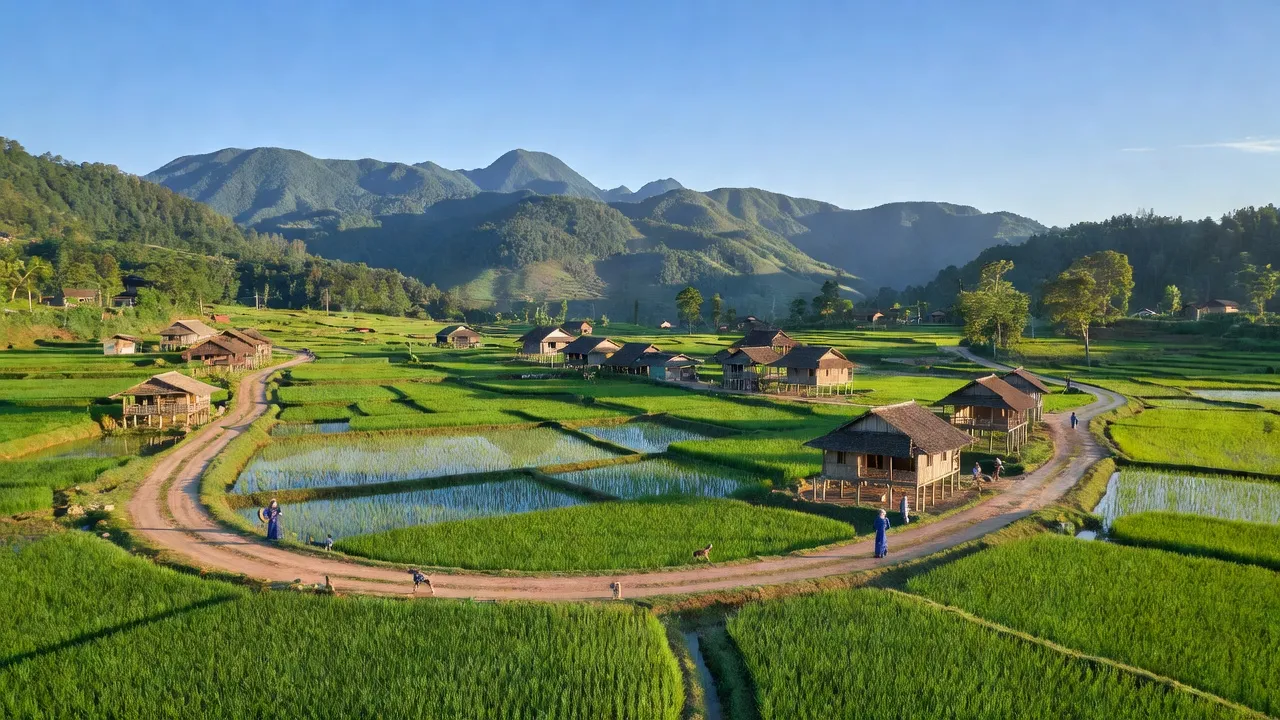 Cảnh quan Xã Hồng Thu, Huyện Sìn Hồ, tỉnh Lai Châu với cánh đồng xanh tươi, nhà truyền thống.