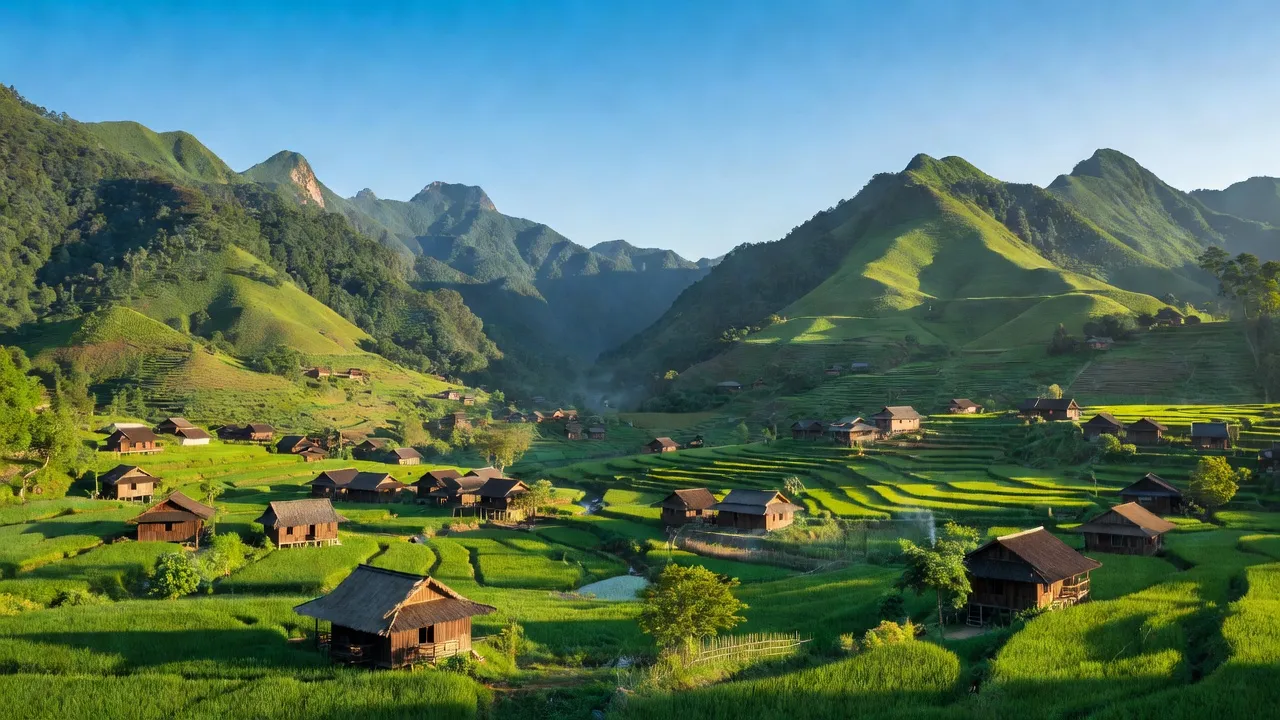 Cảnh đẹp xã Làng Mô, huyện Sìn Hồ với nhà gỗ và núi xanh, Lai Châu.