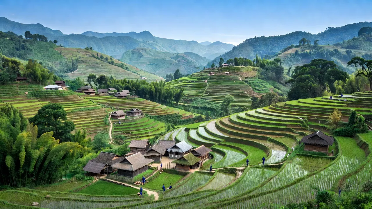 Cảnh đẹp Lùng Thàng, huyện Sìn Hồ, tỉnh Lai Châu với ruộng bậc thang và núi xanh.