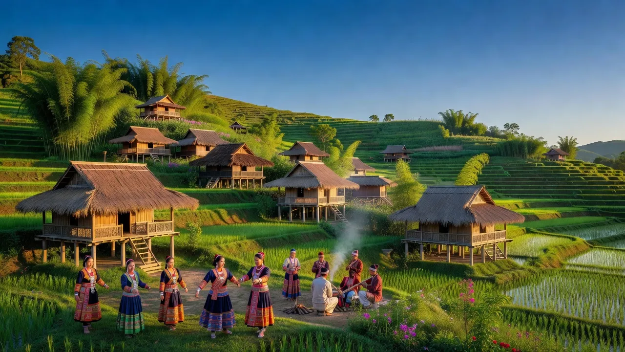 Khung cảnh Nậm Cha, huyện Sìn Hồ, tỉnh Lai Châu với những ngọn đồi xanh tươi và nhà sàn truyền thống.