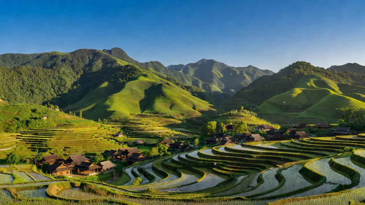Nậm Cha commune in Sìn Hồ district, Lai Châu, featuring green mountains and rice terraces in clear weather.