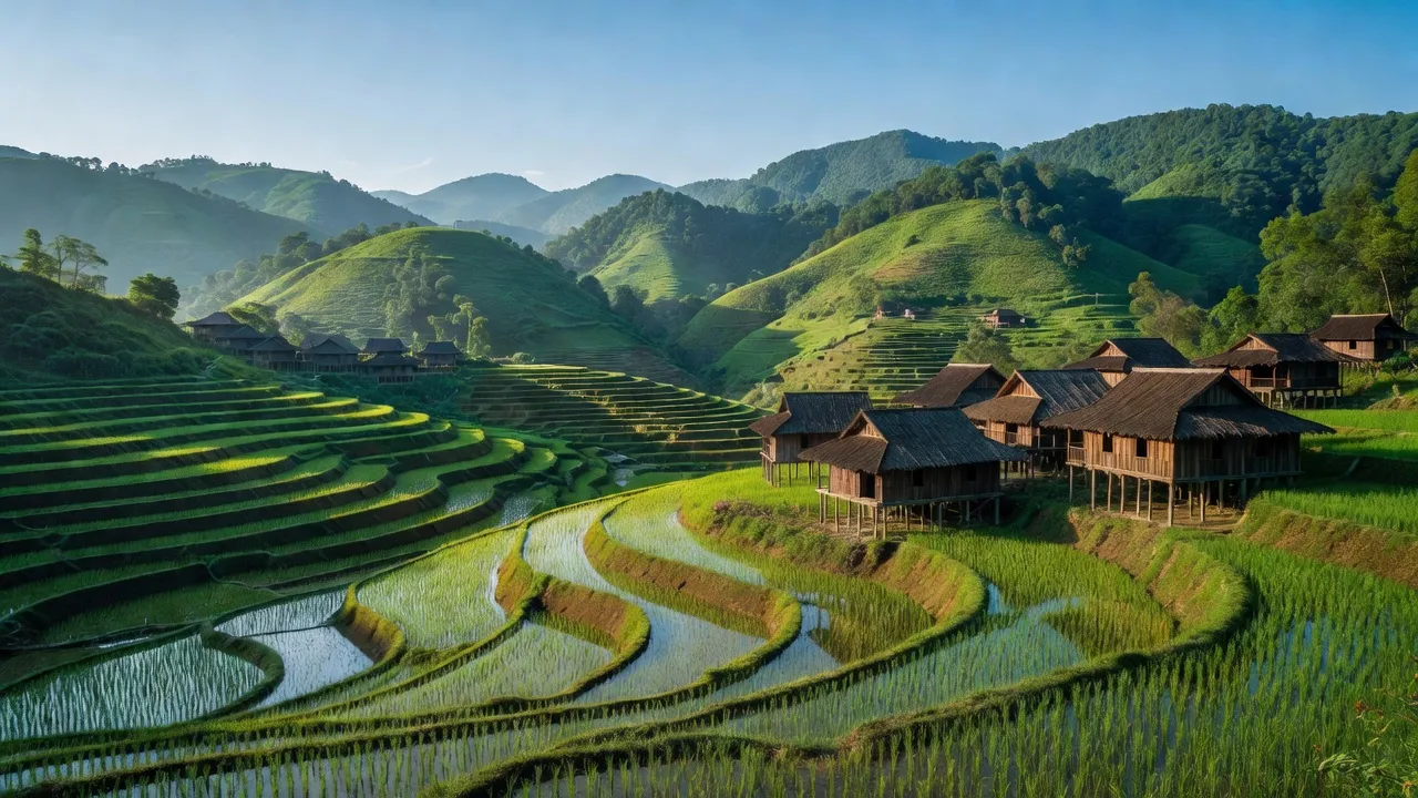 Khung cảnh Nậm Cuổi, Sìn Hồ, Lai Châu với đồi núi, ruộng bậc thang và ánh nắng mặt trời.